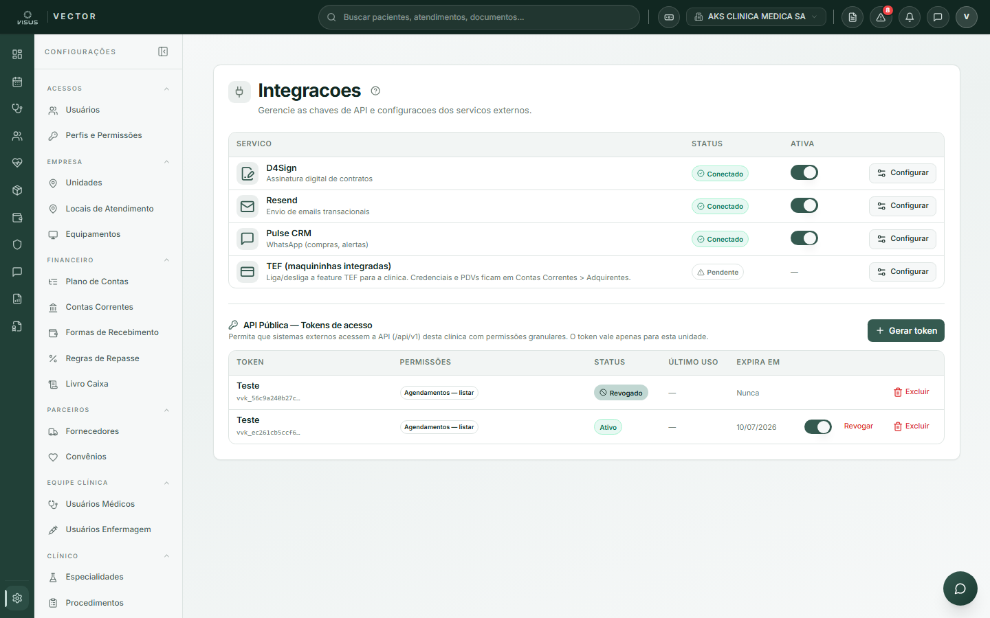 Tela de Integrações com lista de serviços e painel de API pública