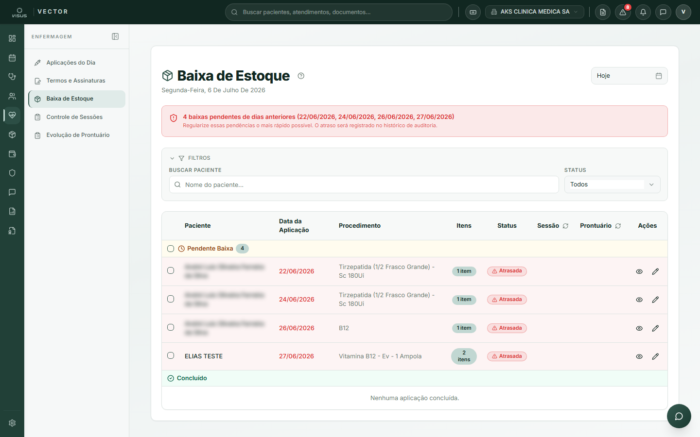 Tela de baixa de estoque com lista de aplicações pendentes e concluídas