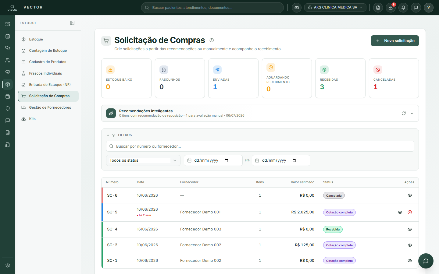 Tela de solicitações de compra