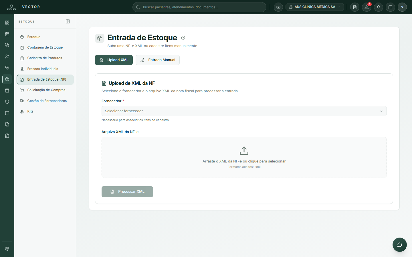Tela de entrada de estoque com seleção de modo XML ou Manual