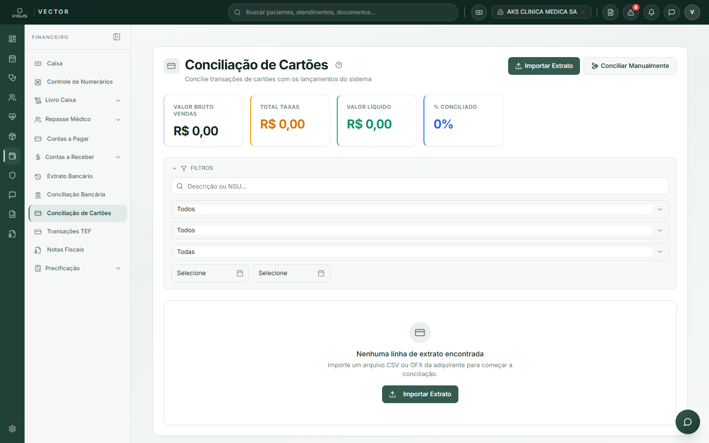Tela de conciliação de cartões com extrato da adquirente